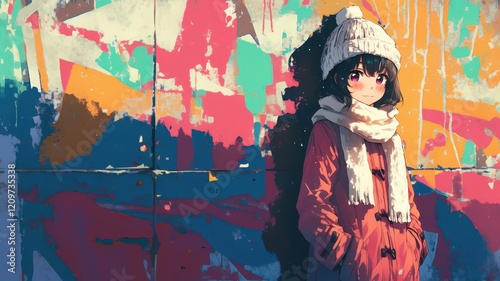 Anime Girl in Winter Coat by Colorful Graffiti Wall Urban Scene