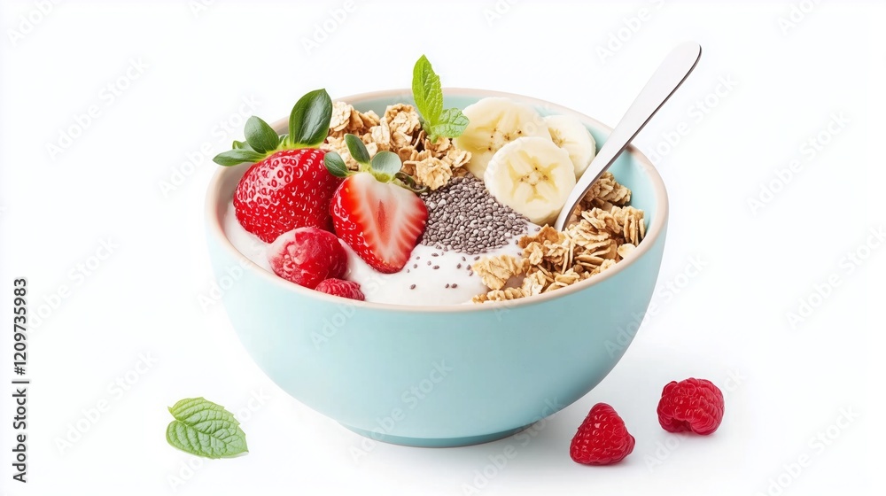 Refreshing acai bowl with granola, banana, strawberries, and chia seeds served in a stylish bowl, healthy breakfast. Refreshing acai bowl with granola, banana, strawberries, and chia seeds served in a stylish bowl, healthy breakfast.