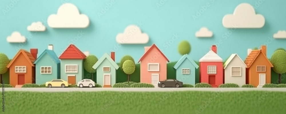 Colorful Suburban Homes Cars and Lush Green Landscape Idyllic Neighborhood Scene Colorful Suburban Homes Cars and Lush Green Landscape Idyllic Neighborhood Scene