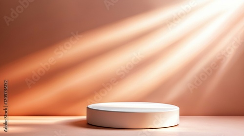 A glowing white round podium illuminated by directional lighting on a pale pink background