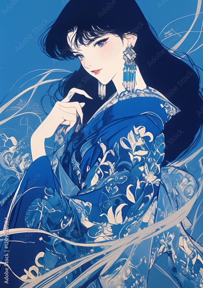 Fototapeta premium Elegant Lady in Blue Dress With Elaborate Jewelry and Flowing Fabric Artistic Render