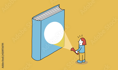 資料を探す人物のイメージイラスト　本の表紙を懐中電灯で照らす女性