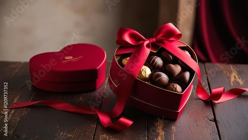 Heart-Shaped Box of Chocolates Wrapped with a Satin Bow on a Rustic Wooden Surface Perfect for Valentine’s Day Celebrations photo