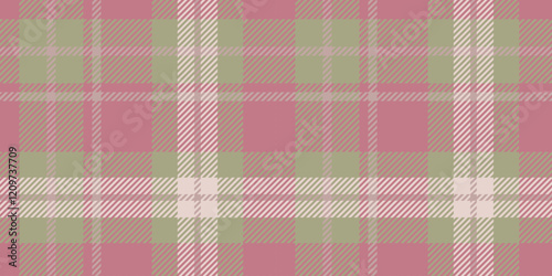 Muted beige, light pink, and olive green tartan pattern with symmetrical intersecting lines, ideal for textiles and backgrounds.