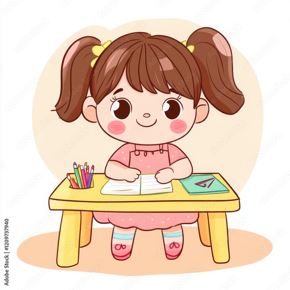 Little Girl at Desk Drawing with Pencils and Book for Educational Fun Learning Time Little Girl at Desk Drawing with Pencils and Book for Educational Fun Learning Time