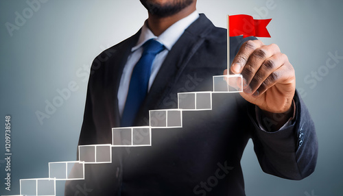 Business success and goal achievement steps. Businessman drawing checkmarks on virtual staircase steps toward achieving goals, ending with red flag as success marker. Planning,