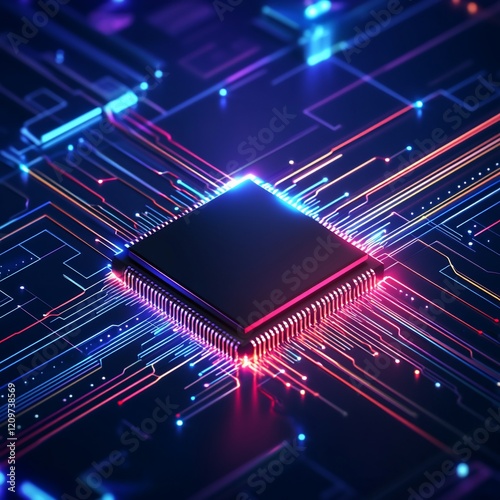 Illuminated CPU on Circuit Board, Tech Background, Digital Innovation, Abstract Technology Image