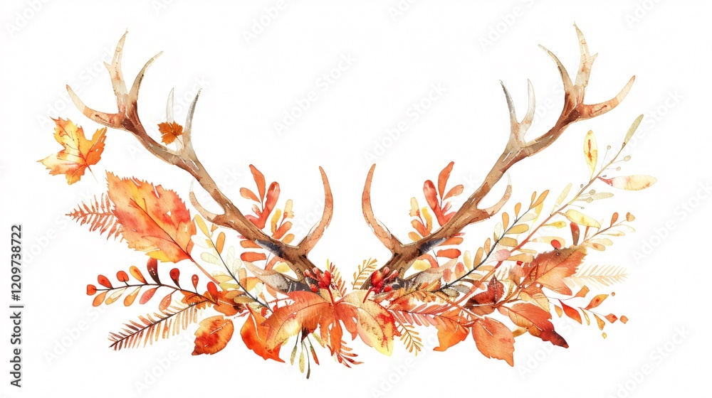 Hello Autumn Antlers with Fall Leaves Watercolor Drawing