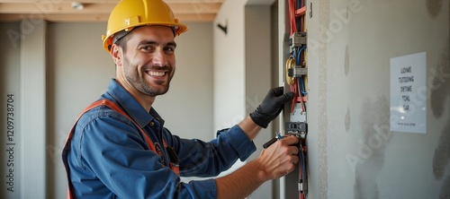 Smiling technician sets up electrical installations on commercial site. Exposed cable ducts and wires showcase ongoing work