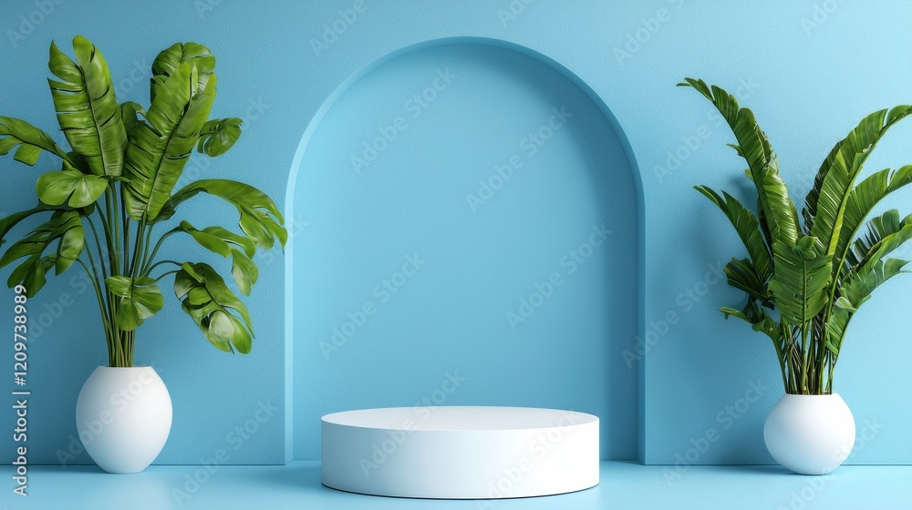 A modern design setup with a minimalist white round podium surrounded by a pale blue background A modern design setup with a minimalist white round podium surrounded by a pale blue background