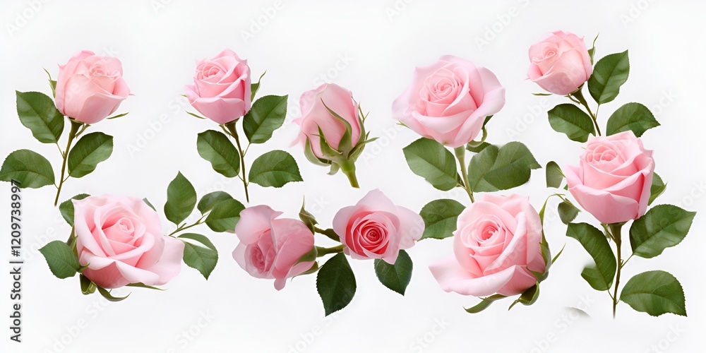 Pink Roses in Different Shapes and Sizes, Flat Lay on White Background Pink Roses in Different Shapes and Sizes, Flat Lay on White Background