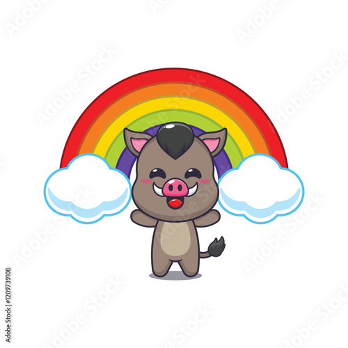 boar mascot cartoon character vector illustration with rainbow.