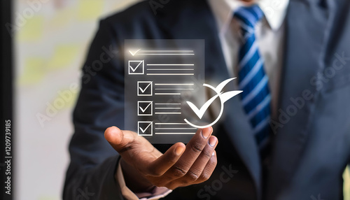 Businessman checking steps through document with a list of checkboxes ,regulation ,practices and policies ,Terms and conditions ,Examination of ethical rules ,Evaluate quality and efficiency new