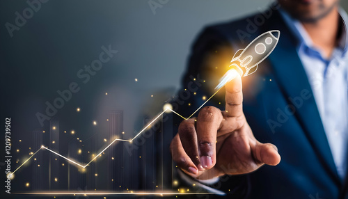 Businessman touch rocket launch investment growth, planning and starting corporate business start up aiming objective value development leadership and customer target group. hand