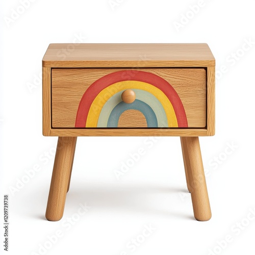 Charming Wooden Child s Rainbow Nightstand with Drawer Pastel Colors Oak Wood photo