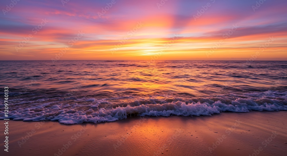 Fototapeta premium a sunset over the ocean with waves crashing on the beach 