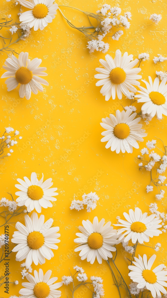 Obraz premium Chamomiles on yellow background, vertical illustration