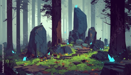 Enchanting Forest Path With Glowing Crystals And Birds
