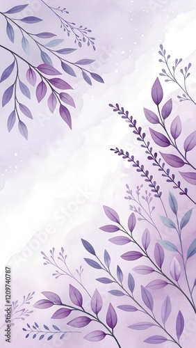 Elegant purple watercolor foliage on a soft lavender backdrop. Serene and calming, perfect for design projects.