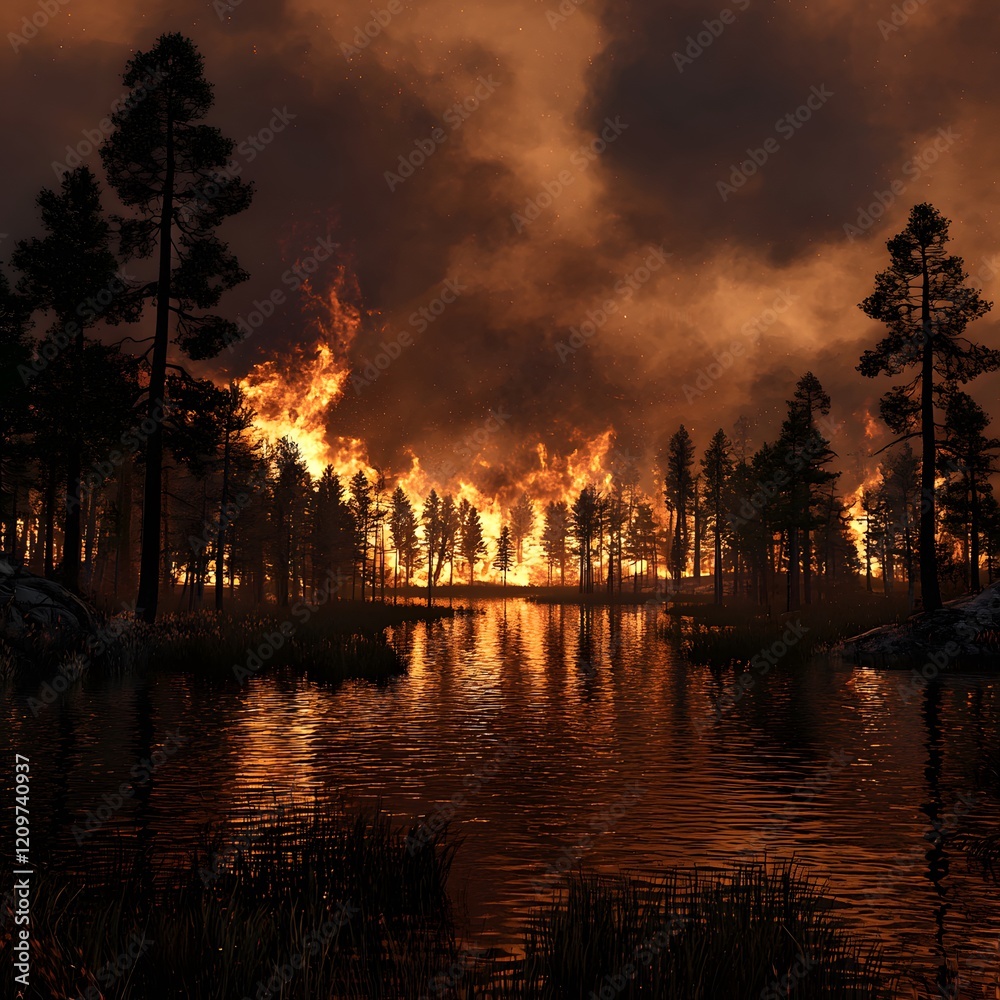 Obraz premium Fiery Forest Fire Reflecting on Still Lake