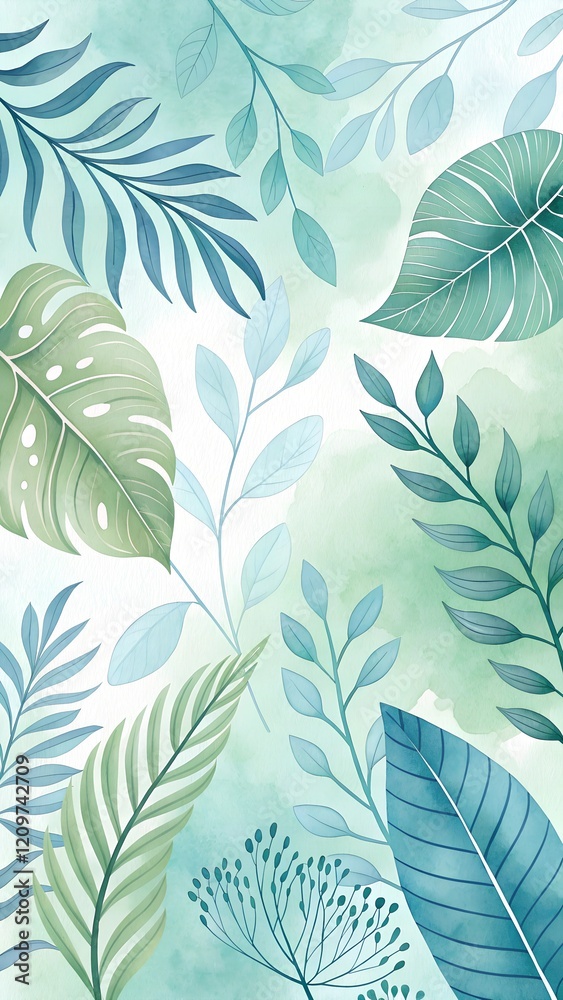 Serene watercolor leaves in calming aqua and green hues, creating a tranquil botanical dreamscape. Serene watercolor leaves in calming aqua and green hues, creating a tranquil botanical dreamscape.