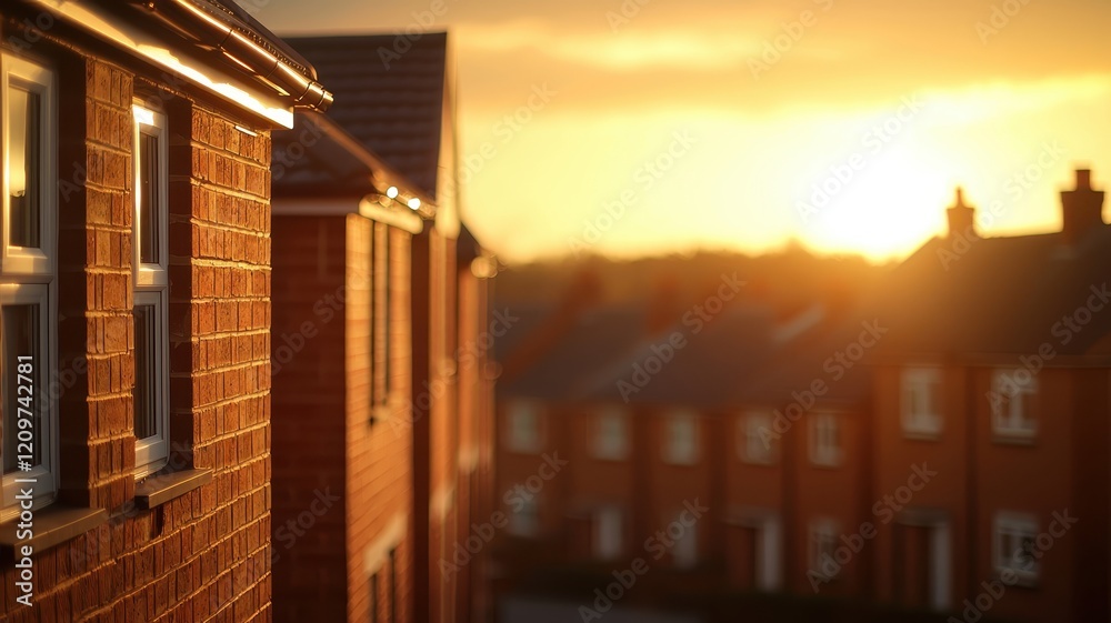 Fototapeta premium Golden Hour Sunset Over Brick Row Houses New Residential Development