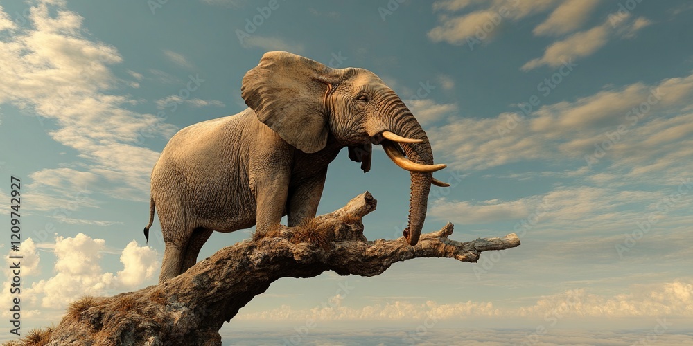 Fototapeta premium Lonely elephant balances on a tree branch under a blue sky with clouds