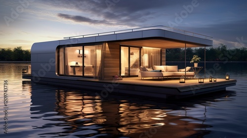 A photo of a Modern Houseboat with Sleek Design
