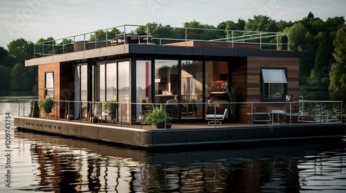 A photo of a Modern Houseboat with Sleek Design