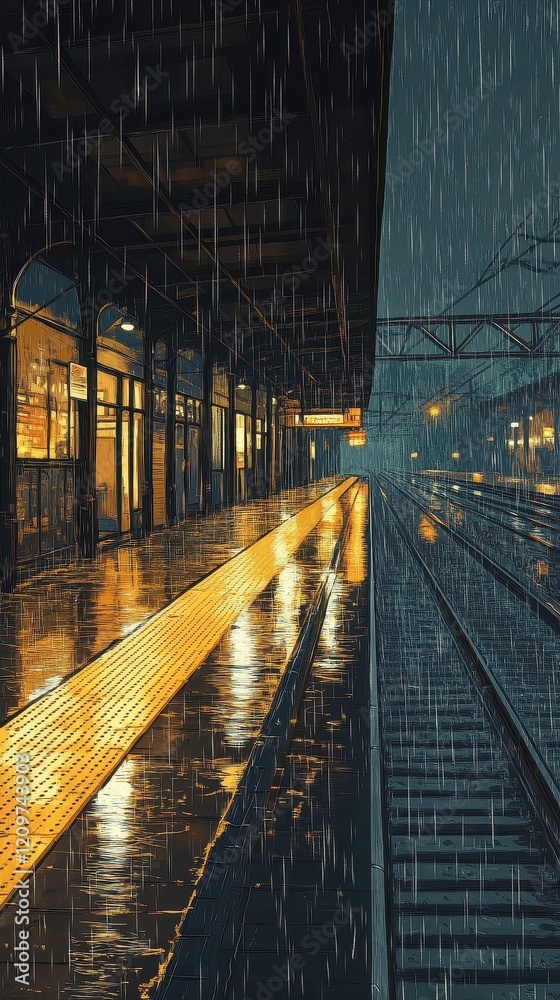Fototapeta premium Rainy Night Train Station Platform Scene