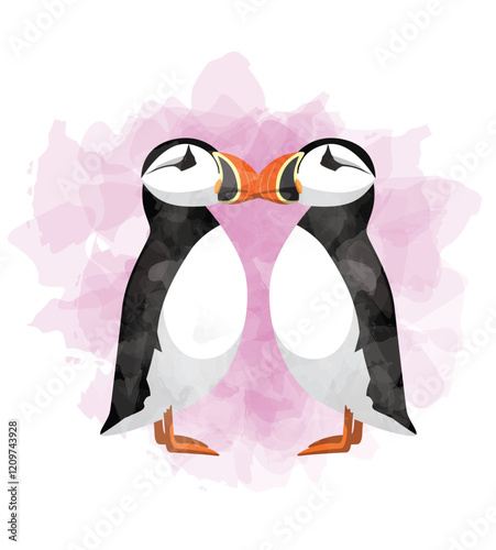 Puffin Bird Valentines Day Animal Symbol of Love Postcard Watercolor Vector Illustration