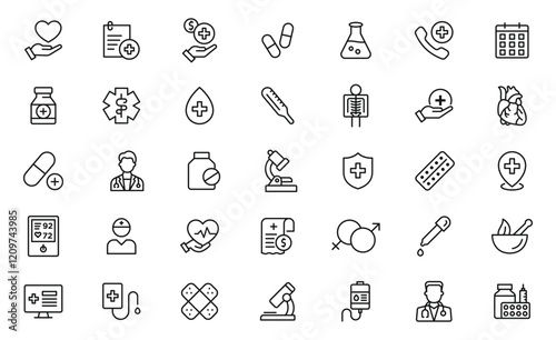 Medical and healthcare line icon set. Human organs, pills, treatment, first aid, medical instruments. Minimal thin line web icon set. Outline icons collection.