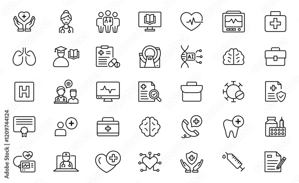Medical and healthcare line icon set. Human organs, pills, treatment, first aid, medical instruments. Minimal thin line web icon set. Outline icons collection. Medical and healthcare line icon set. Human organs, pills, treatment, first aid, medical instruments. Minimal thin line web icon set. Outline icons collection.