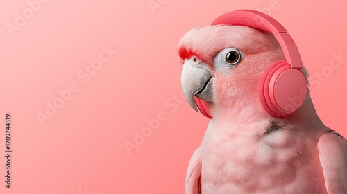 Closeup of pink parrot wearing a pink headphone photo