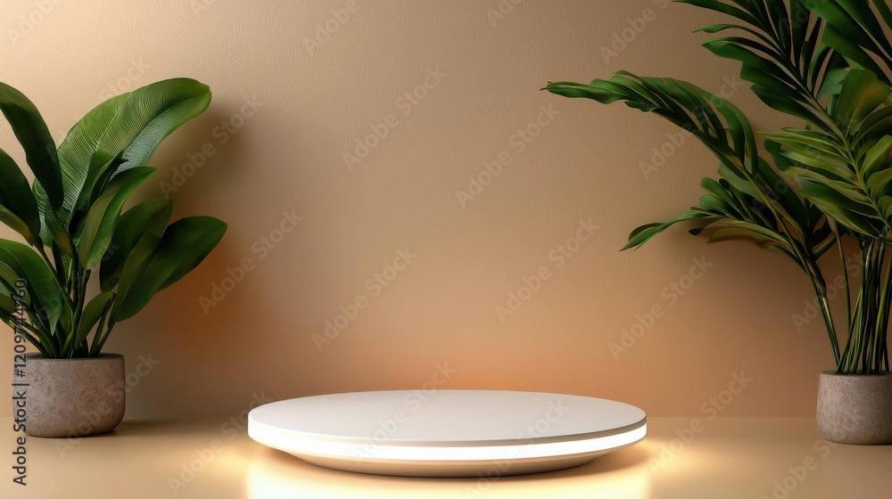 A white circular podium on a plain beige background, with elegant lighting for a clean, modern look A white circular podium on a plain beige background, with elegant lighting for a clean, modern look