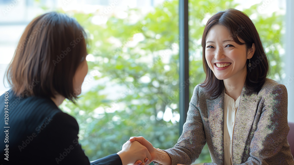 Business women shaking hands in a modern office setting, fostering partnership and collaboration Business women shaking hands in a modern office setting, fostering partnership and collaboration