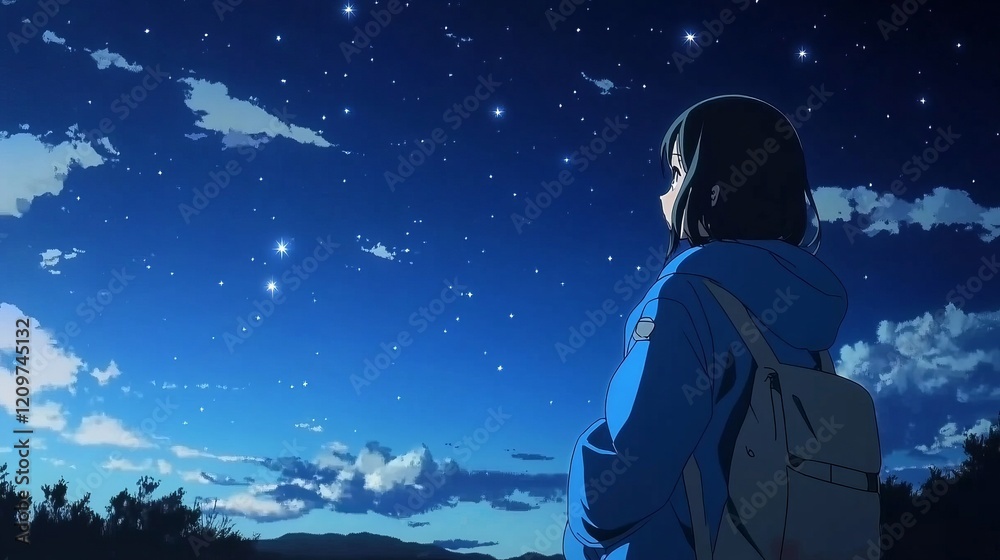anime girl in blue jacket looking at the night sky, soft stars and clouds, peaceful and introspective mood anime girl in blue jacket looking at the night sky, soft stars and clouds, peaceful and introspective mood