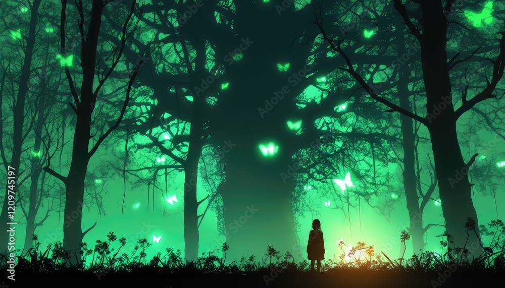A solitary girl stands in a mystical green forest with glowing butterflies A solitary girl stands in a mystical green forest with glowing butterflies