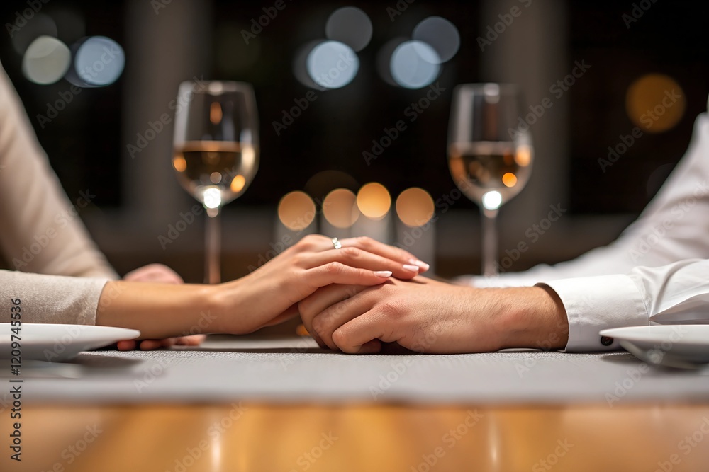 Loving couple holding hands during romantic dinner Loving couple holding hands during romantic dinner
