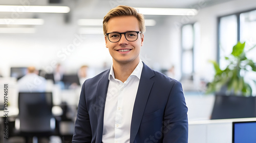 Erfolgreicher Geschäftsmann im modernen Büro – Professionalität trifft Stil photo