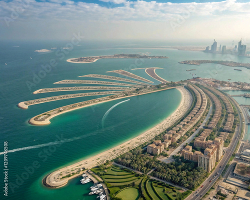 aerial view of beach, Aerial view of Dubai Palm Jumeirah island, United Arab Emirates