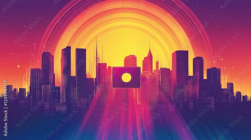 Obraz premium Futuristic Cityscape with a Central Digital Interface