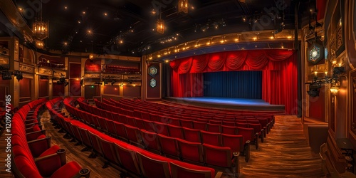 Classic theater hall with tiered seating, red velvet curtains, and stage-focused lighting. Perfect for live performances and shows.