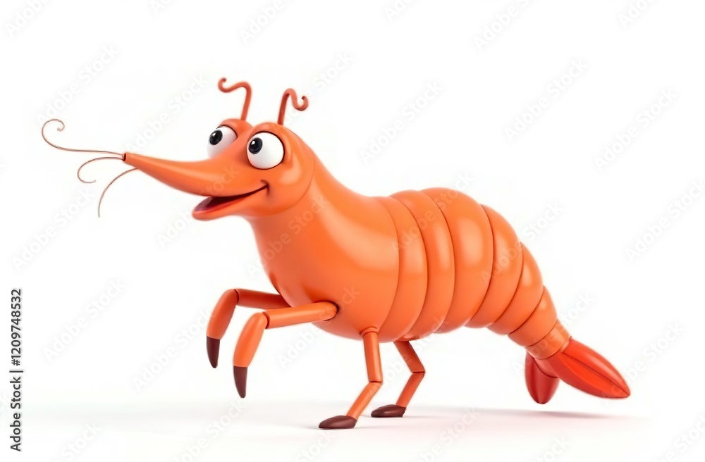 A 3D cartoon shrimp character, isolate on white background, with playful features and bright colors A 3D cartoon shrimp character, isolate on white background, with playful features and bright colors
