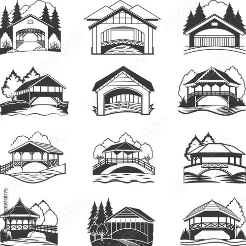 Covered Bridge Collection, Covered Bridge Vector Icons, Covered Bridges Illustrations Silhouette