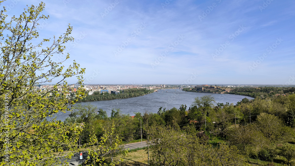 Fototapeta premium Petrovaradin Fortress by the Danube river in spring