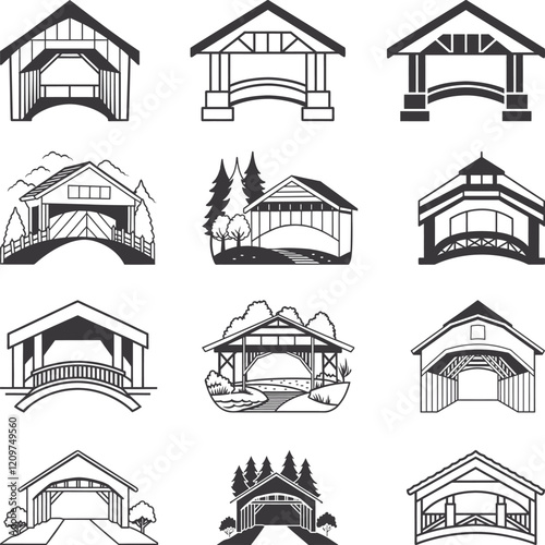 Covered Bridge Collection, Covered Bridge Vector Icons, Covered Bridges Illustrations Silhouette