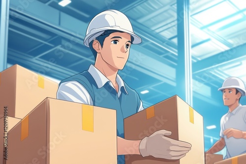 Busy Warehouse Workers Sorting Boxes in Bright Industrial Environment photo