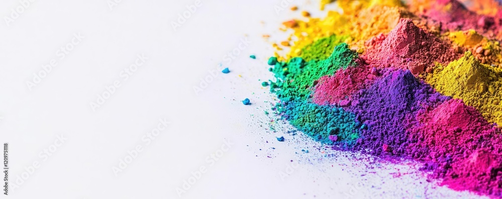 Fototapeta premium Rainbow holi concept. Colorful powders scattered artistically on a white background for creative use.