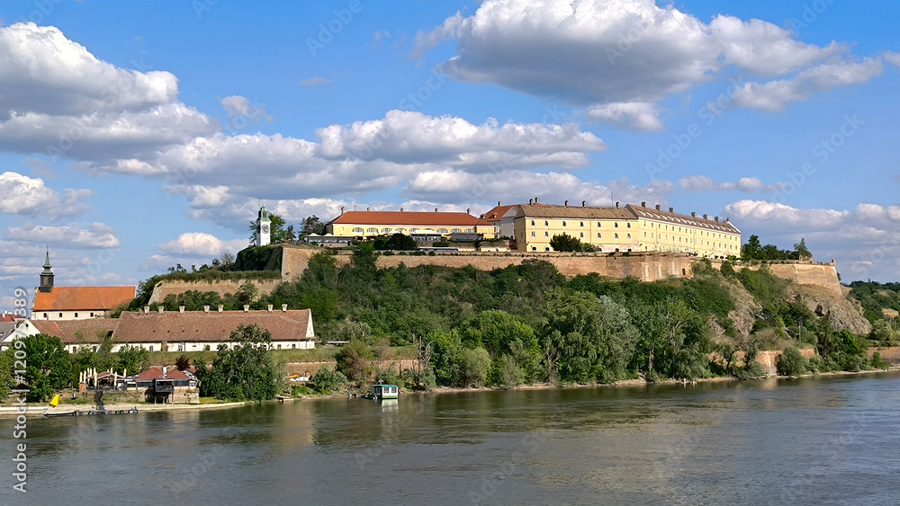 Petrovaradin Fortress by the Danube river in spring
